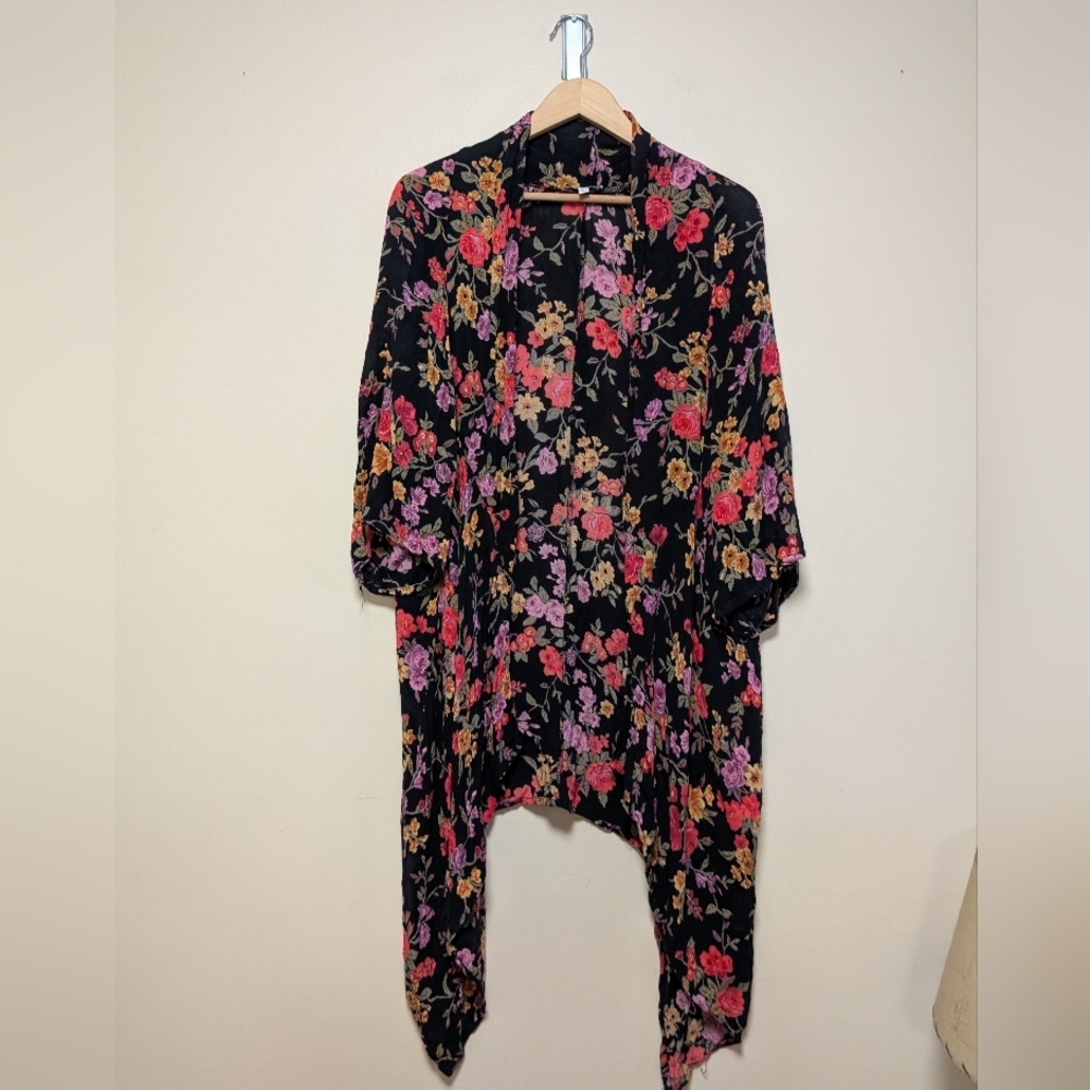 Patrons of Peace Floral Kimono Cardigan Black Large